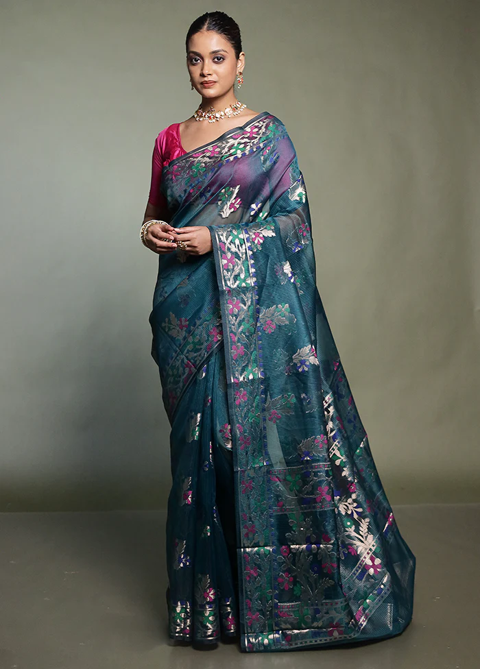 Green Kota Cotton Saree With Blouse Piece - Image 2