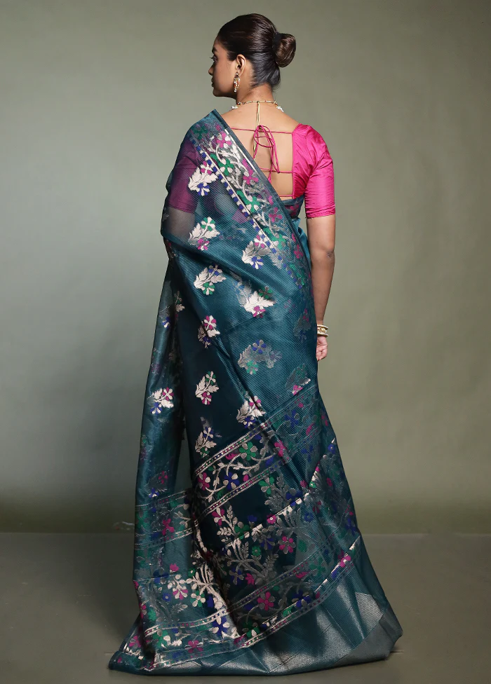 Green Kota Cotton Saree With Blouse Piece - Image 3
