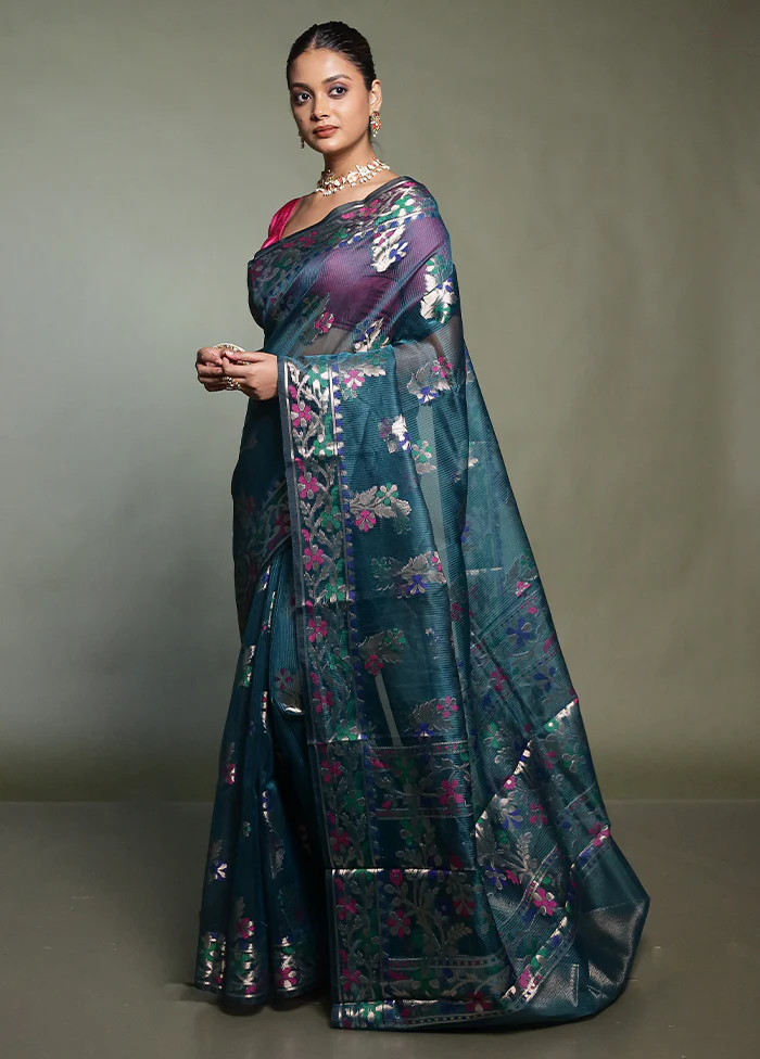 Green Kota Cotton Saree With Blouse Piece - Image 4