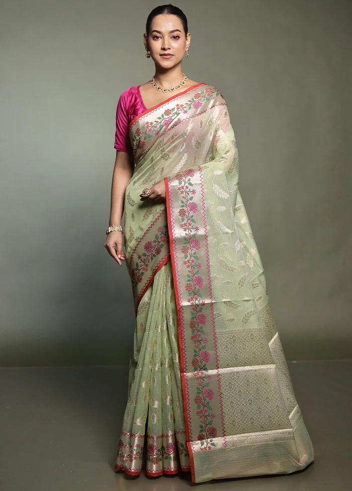 Green Kota Cotton Saree With Blouse Piece