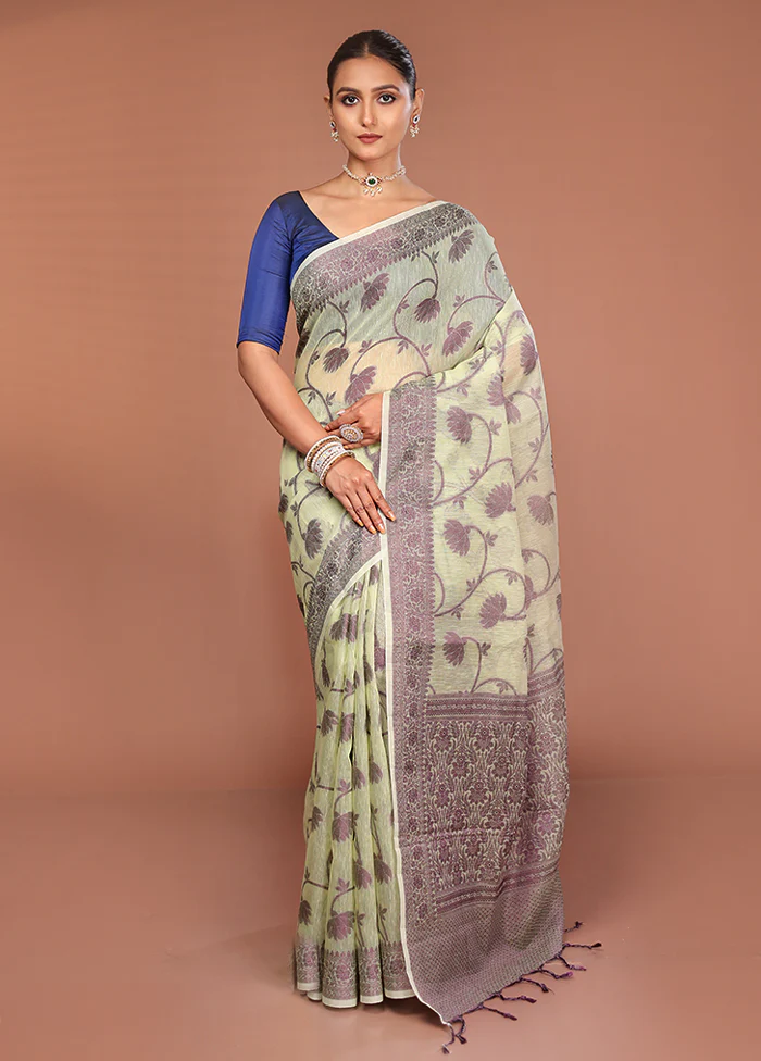 Green Cotton Saree With Blouse Piece - Image 2