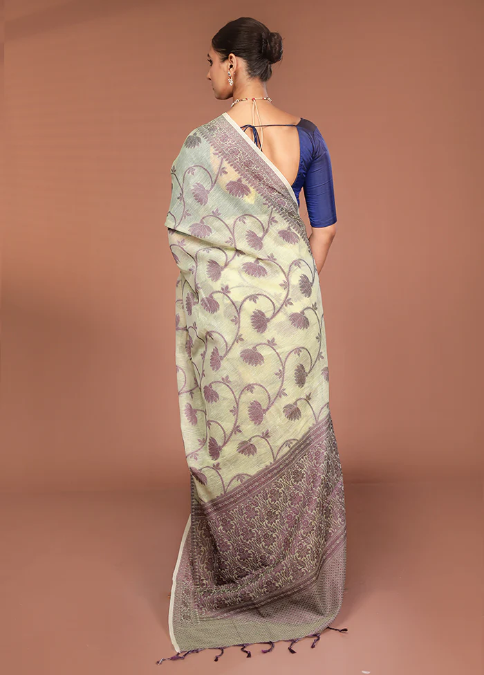 Green Cotton Saree With Blouse Piece - Image 3