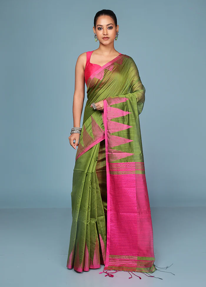 Green Cotton Saree With Blouse Piece - Image 2