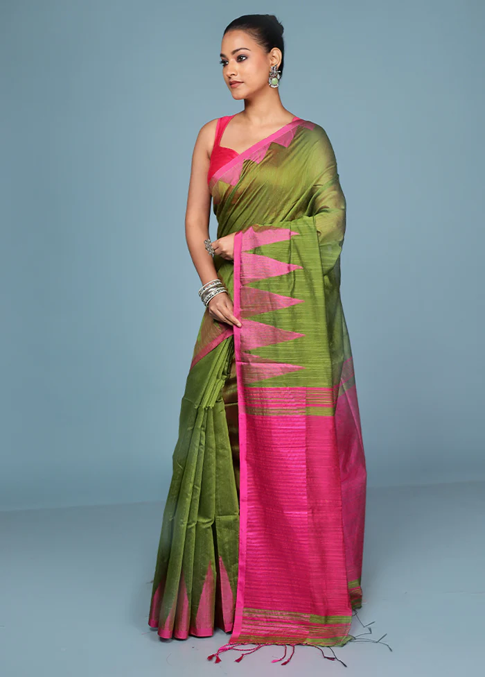 Green Cotton Saree With Blouse Piece - Image 4