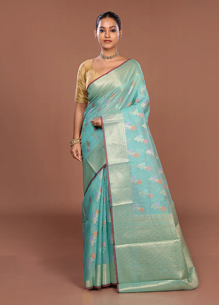 Green Cotton Saree With Blouse Piece - Image 2