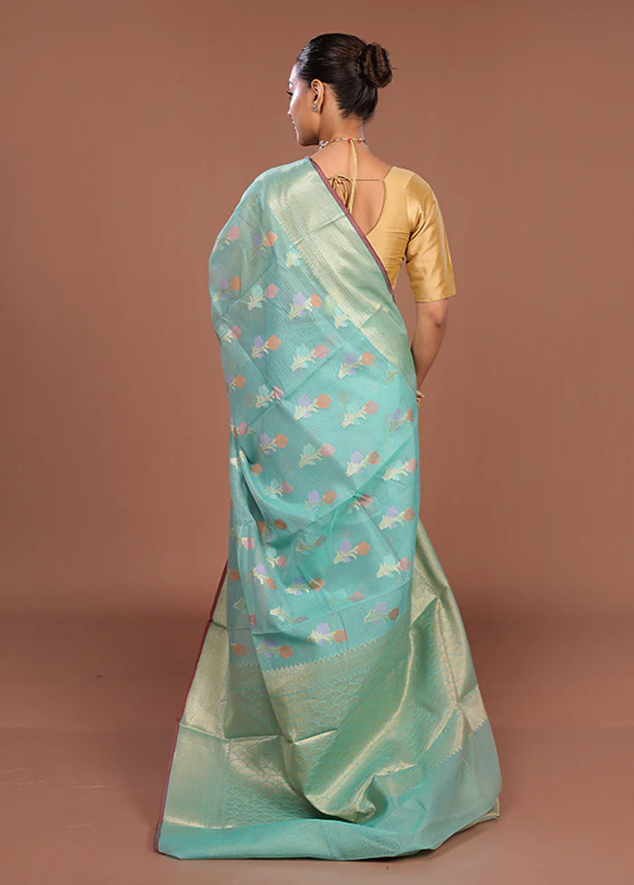 Green Cotton Saree With Blouse Piece - Image 3