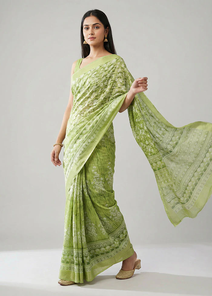 Green Cotton Saree With Blouse Piece