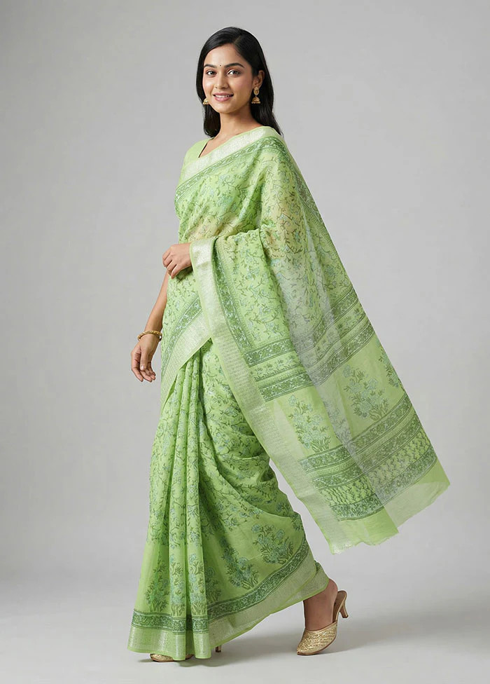 Green Cotton Saree With Blouse Piece