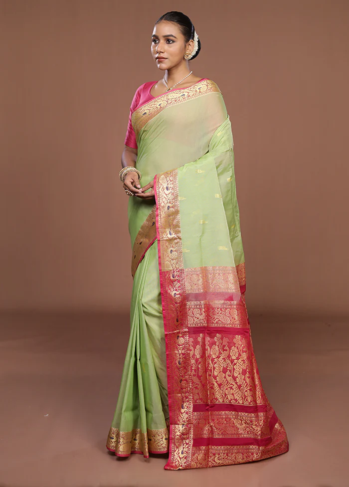 Green Cotton Saree With Blouse Piece - Image 4