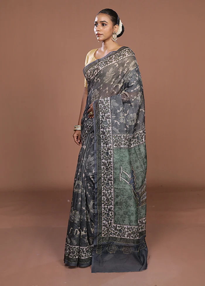 Green Cotton Saree With Blouse Piece - Image 4