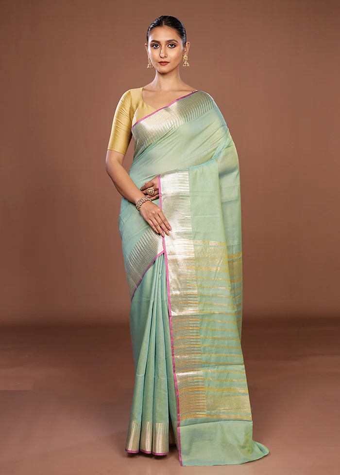 Green Cotton Saree With Blouse Piece - Image 2
