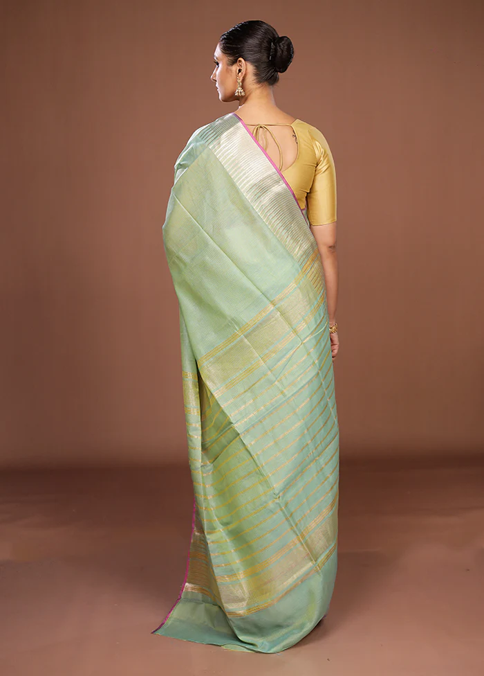 Green Cotton Saree With Blouse Piece - Image 3