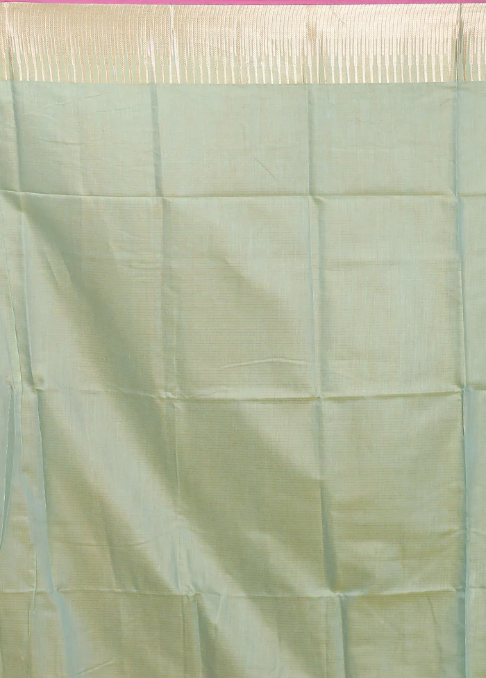 Green Cotton Saree With Blouse Piece - Image 5