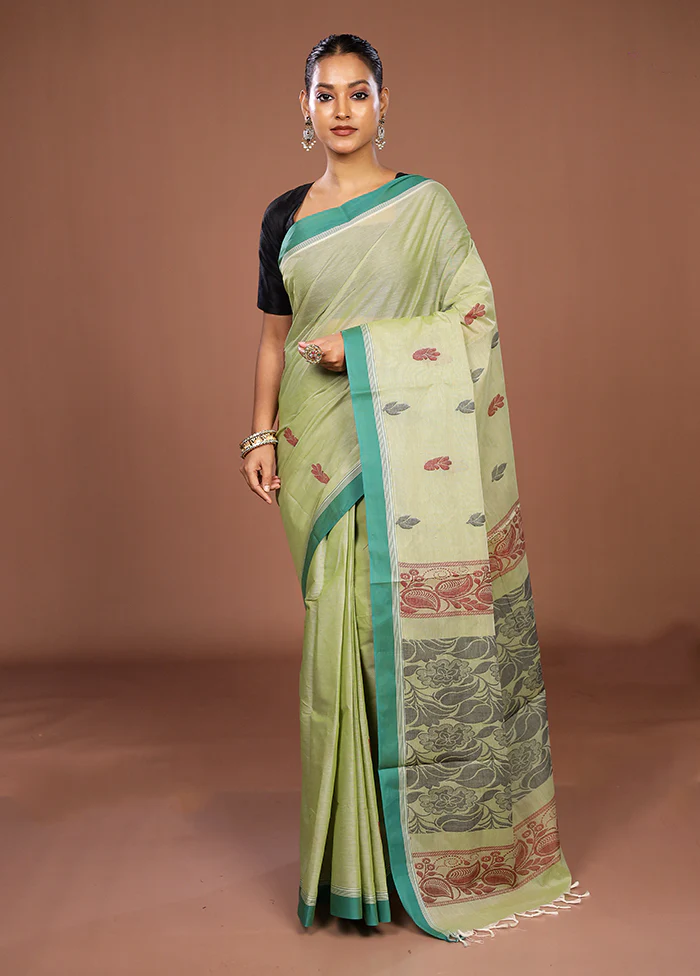 Green Cotton Saree With Blouse Piece - Image 2
