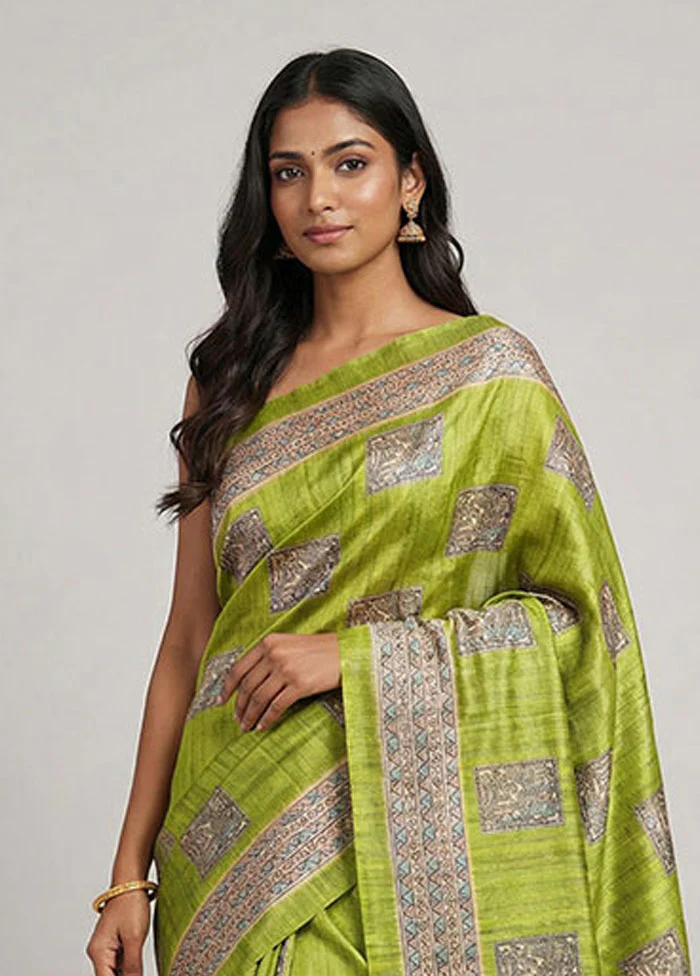 Green Cotton Saree With Blouse Piece - Image 2