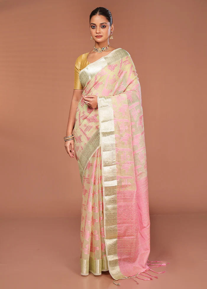 Green Cotton Saree With Blouse Piece - Image 2