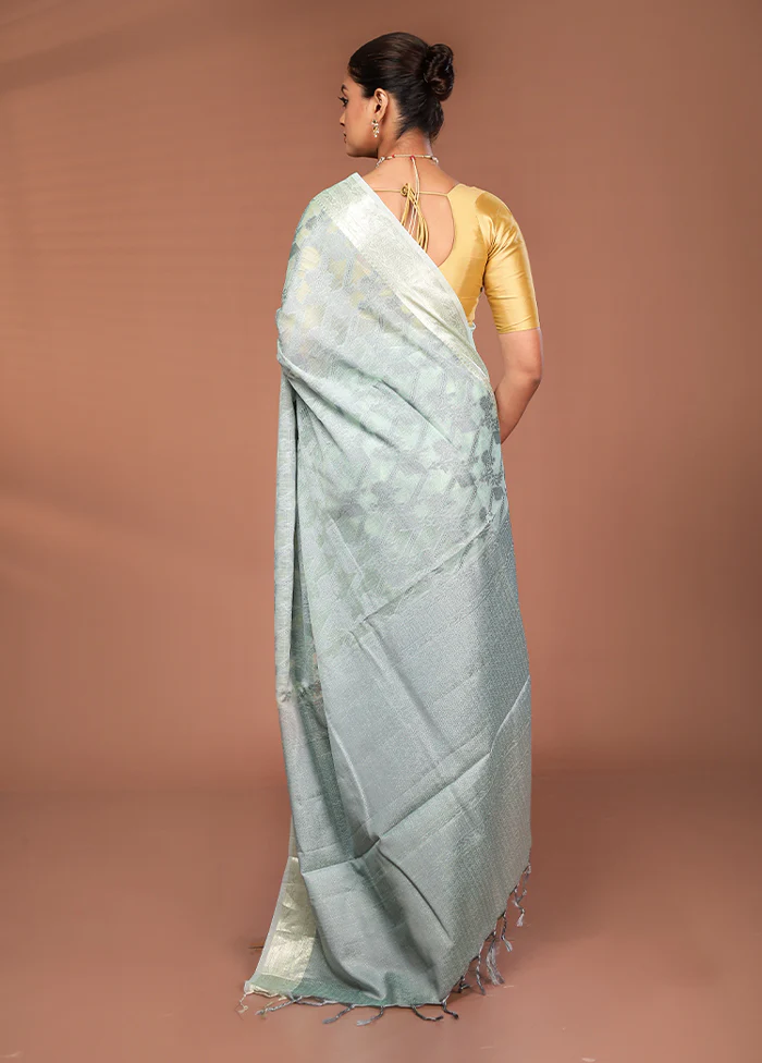 Green Cotton Saree With Blouse Piece - Image 3