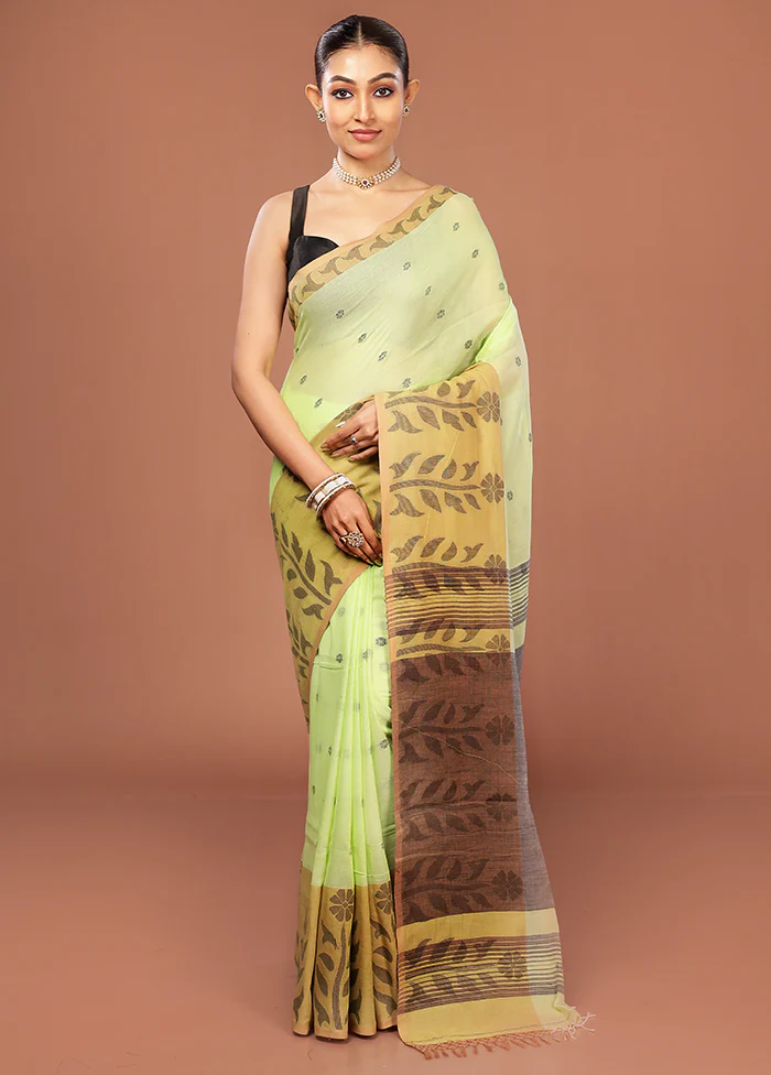Green Cotton Saree With Blouse Piece - Image 2