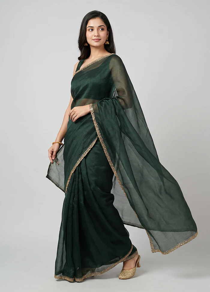 Green Crushed Tissue Saree With Blouse Piece