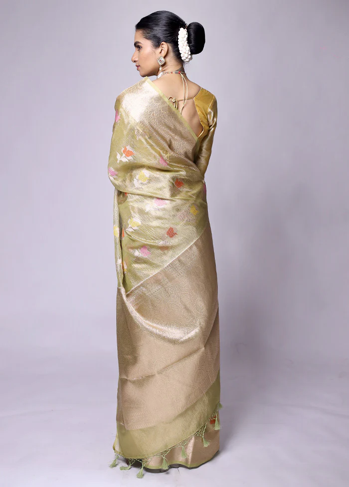 Green Crushed Tissue Silk Saree With Blouse Piece - Image 3