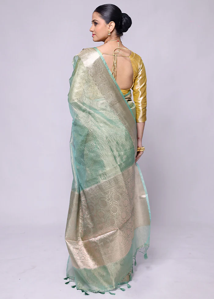 Green Crushed Tissue Silk Saree With Blouse Piece - Image 3