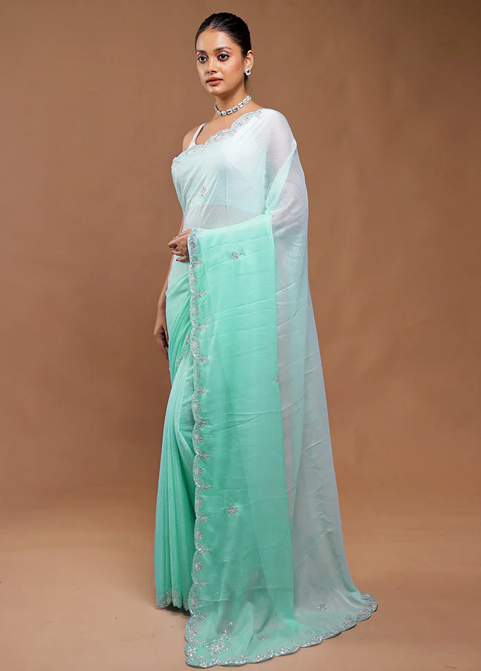 Green Crushed Tissue Silk Saree With Blouse Piece - Image 4