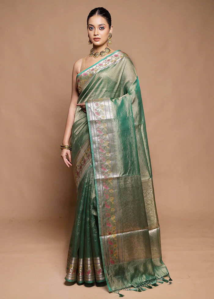 Green Crushed Tissue Silk Saree With Blouse Piece