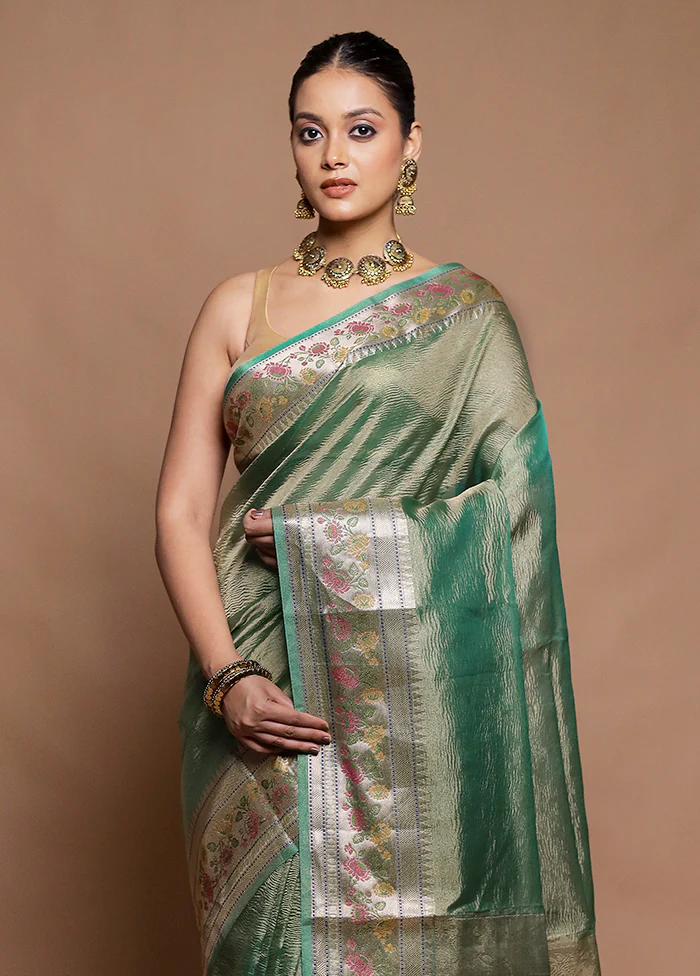 Green Crushed Tissue Silk Saree With Blouse Piece - Image 2