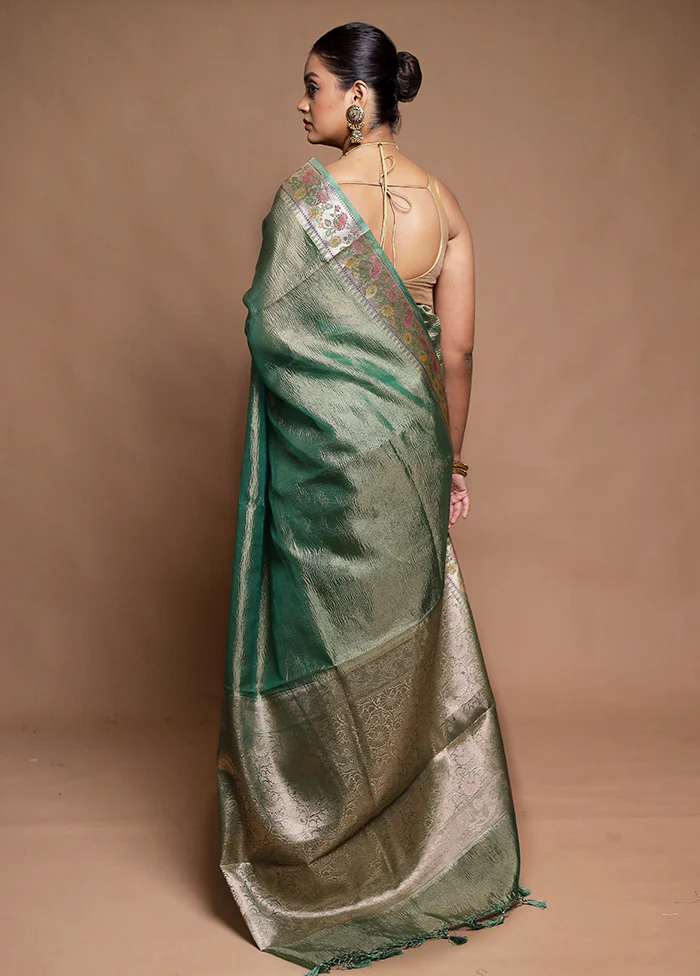 Green Crushed Tissue Silk Saree With Blouse Piece - Image 3