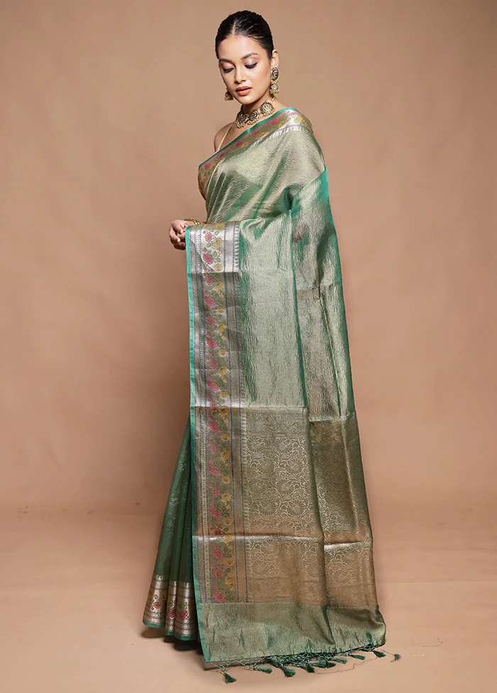 Green Crushed Tissue Silk Saree With Blouse Piece - Image 4