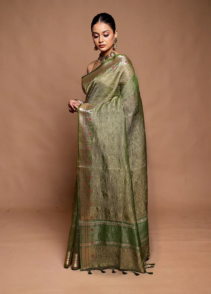 Green Crushed Tissue Silk Saree With Blouse Piece - Image 4