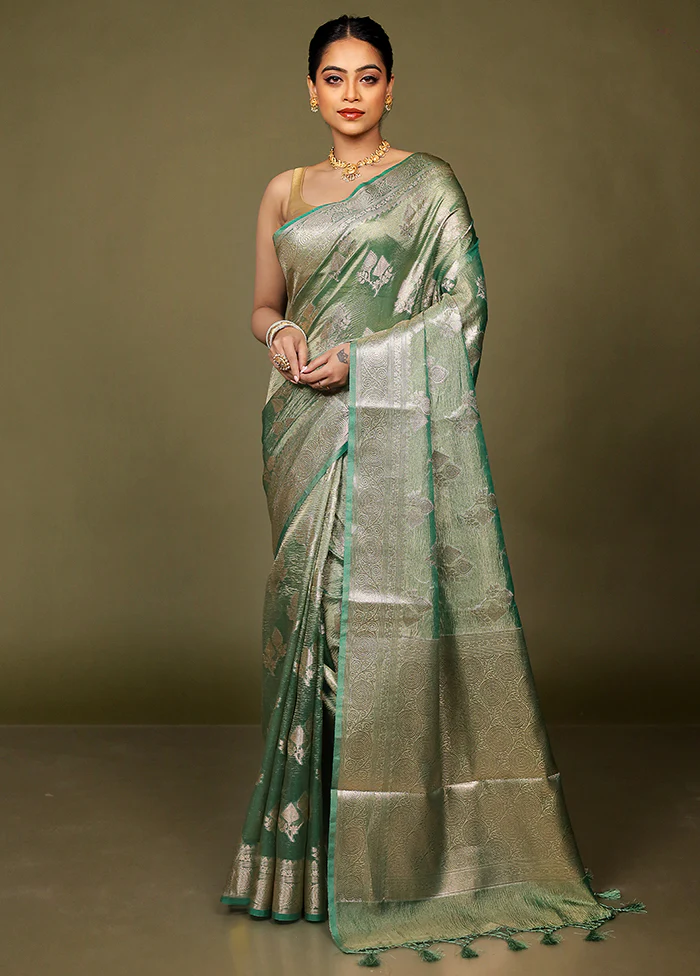 Green Crushed Tissue Silk Saree With Blouse Piece - Image 2