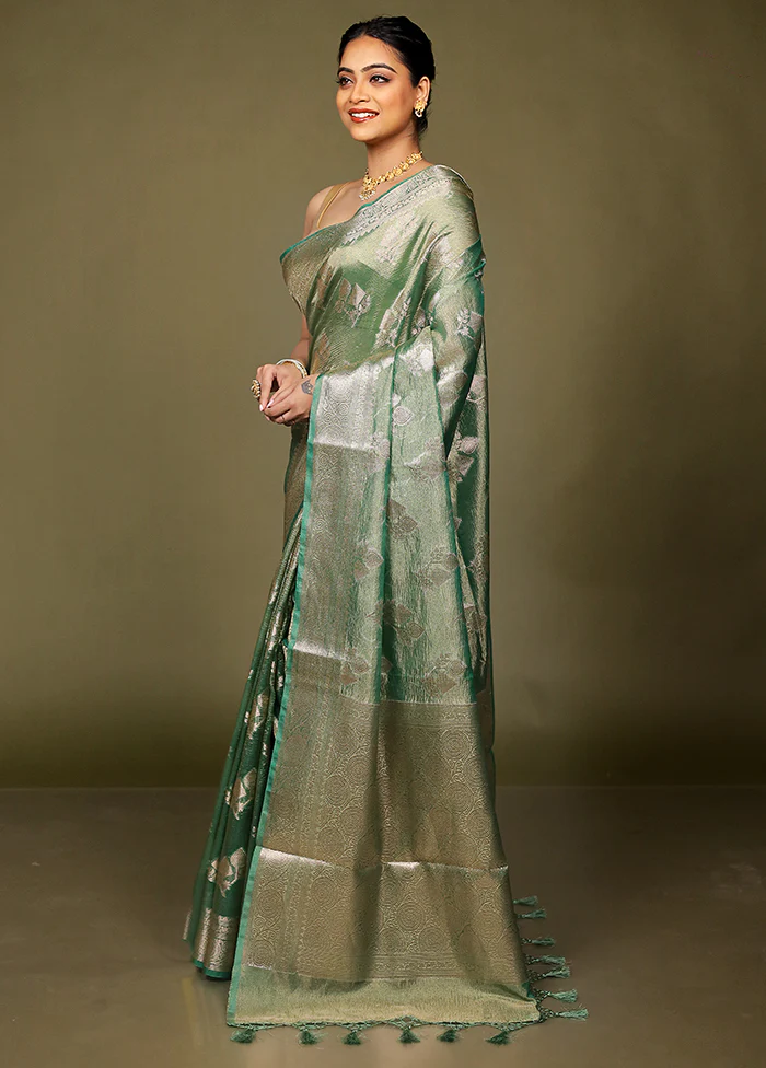 Green Crushed Tissue Silk Saree With Blouse Piece - Image 4