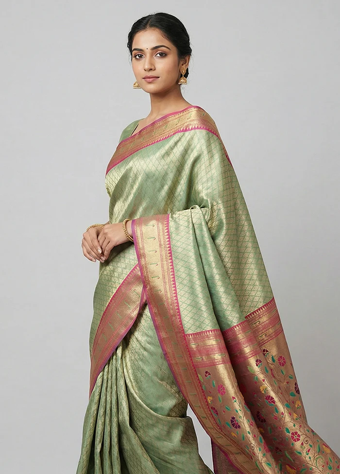 Green Dupion Silk Saree With Blouse Piece - Image 2