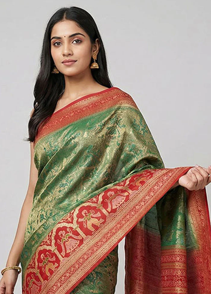 Green Dupion Silk Saree With Blouse Piece - Image 2