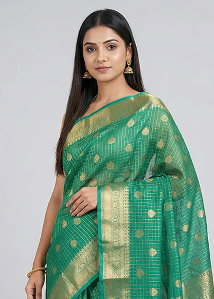 Green Dupion Silk Saree With Blouse Piece - Image 2
