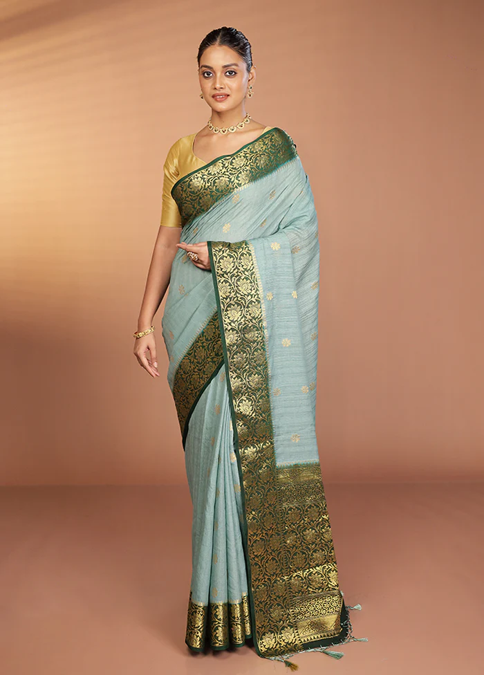 Green Dupion Silk Saree With Blouse Piece - Image 2