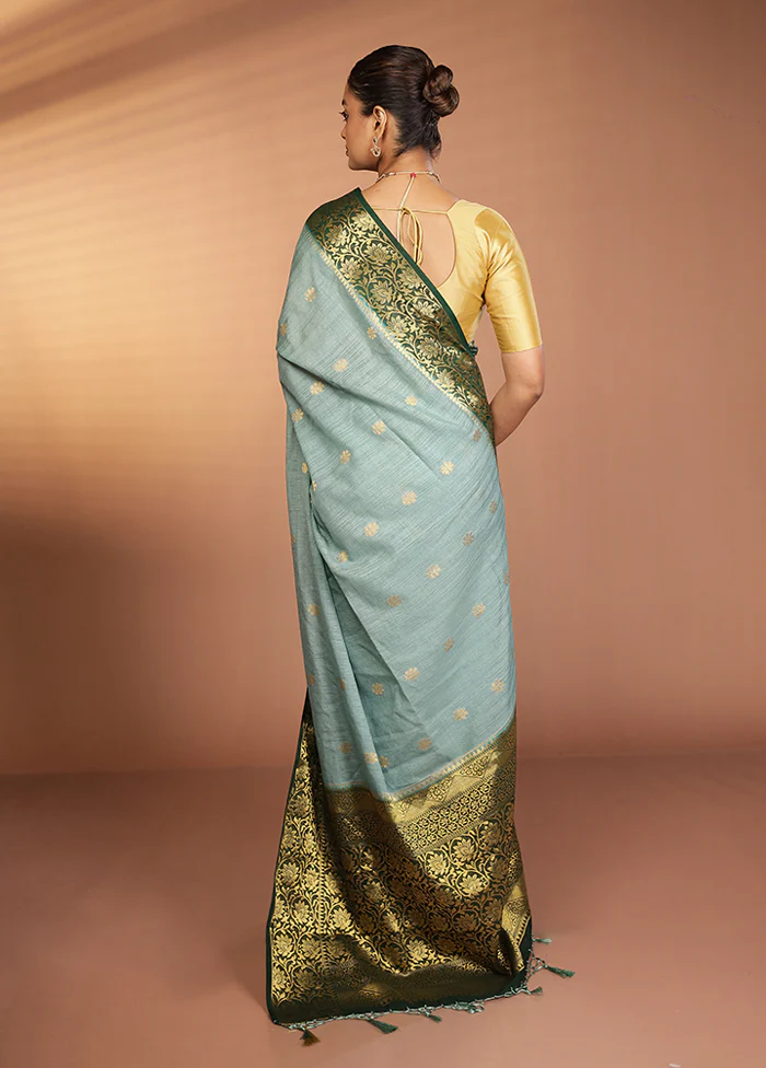 Green Dupion Silk Saree With Blouse Piece - Image 3