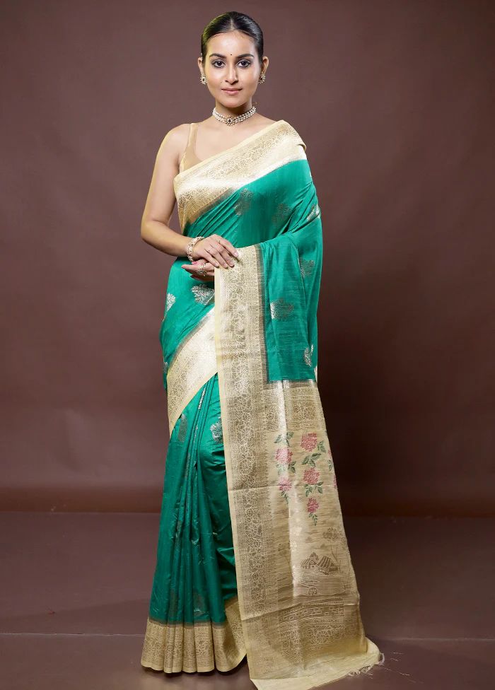 Green Dupion Silk Saree With Blouse Piece - Image 2
