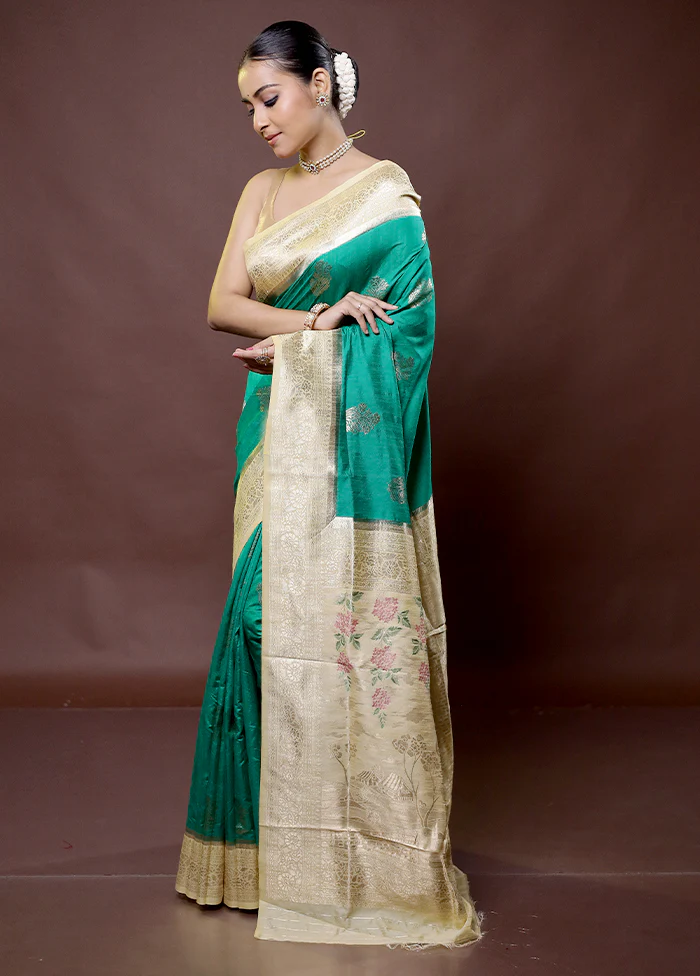 Green Dupion Silk Saree With Blouse Piece - Image 4
