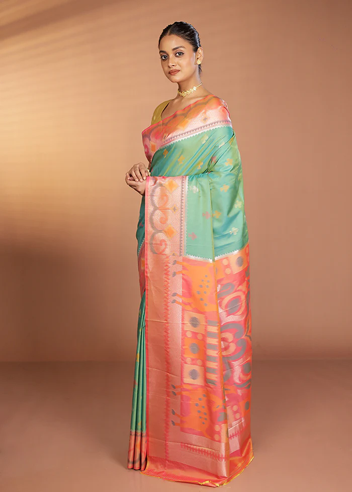 Green Dupion Silk Saree With Blouse Piece - Image 4