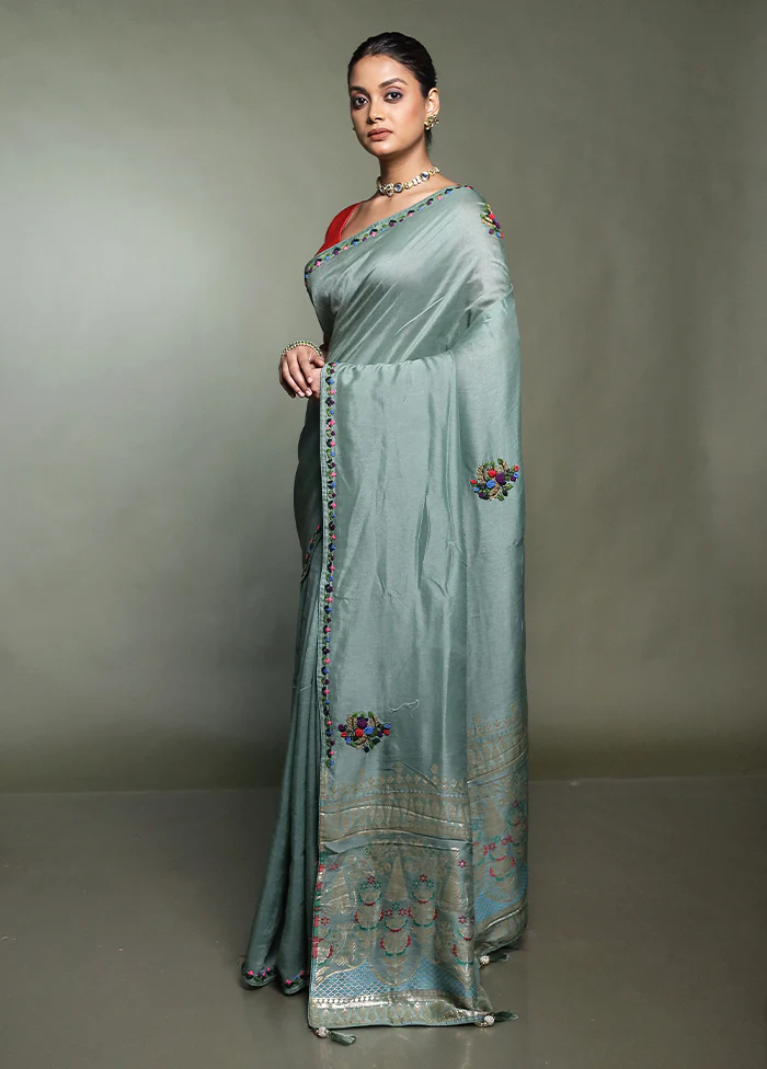 Green Dupion Silk Saree With Blouse Piece - Image 4