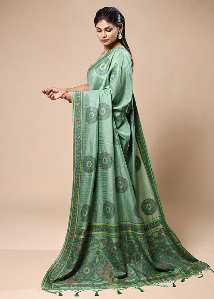 Green Dupion Silk Saree With Blouse Piece - Image 4