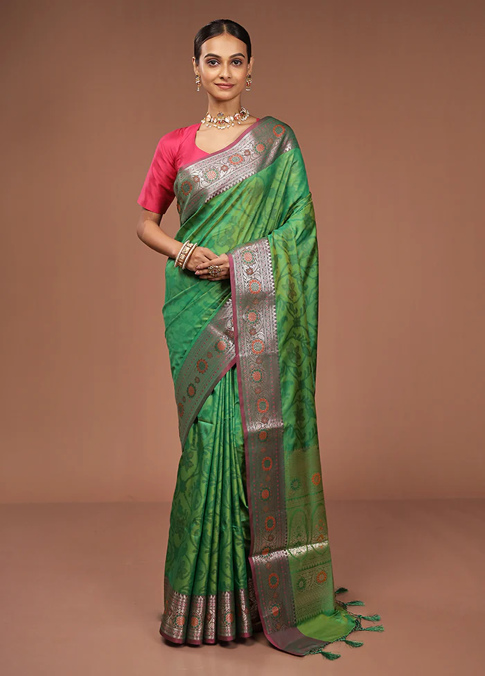 Green Dupion Silk Saree With Blouse Piece - Image 2