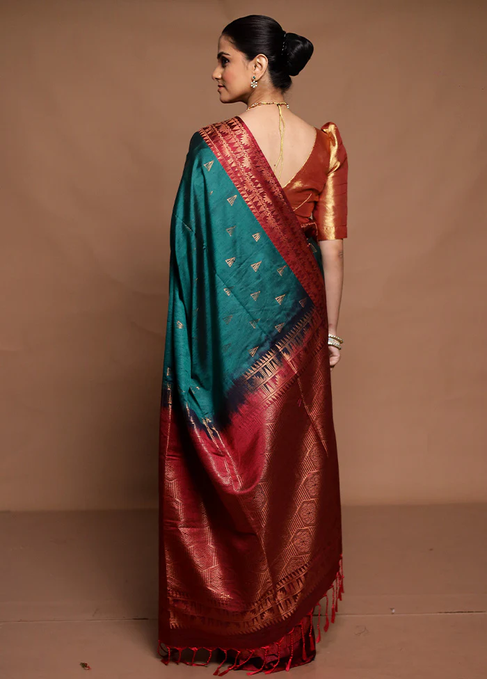 Green Dupion Silk Saree With Blouse Piece - Image 3