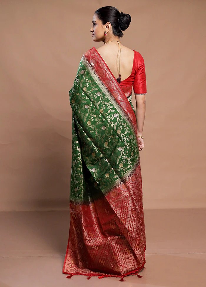Green Dupion Silk Saree With Blouse Piece - Image 3