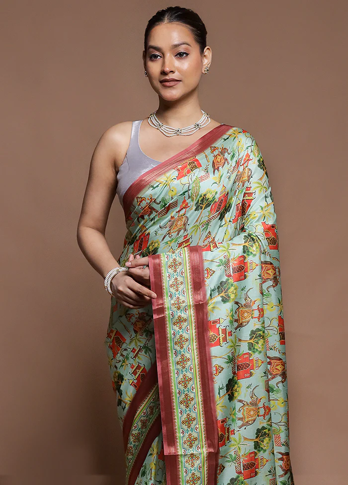 Green Dupion Silk Saree With Blouse Piece - Image 2