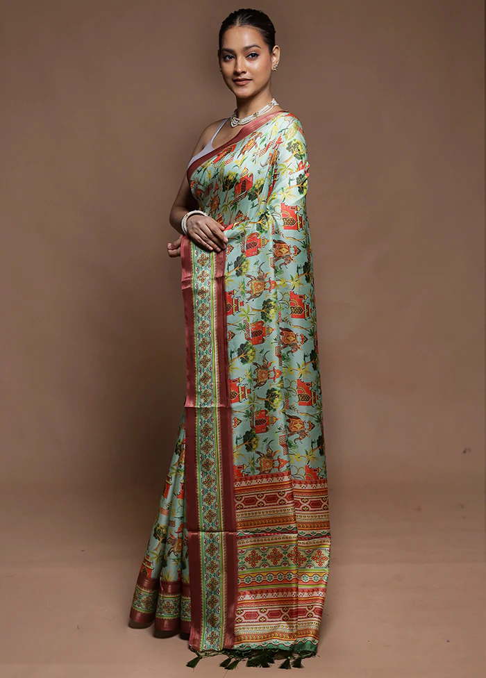 Green Dupion Silk Saree With Blouse Piece - Image 4