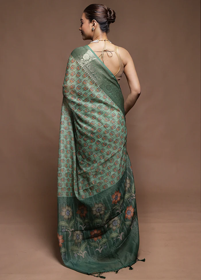 Green Dupion Silk Saree With Blouse Piece - Image 3