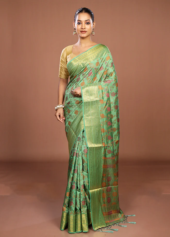 Green Dupion Silk Saree With Blouse Piece - Image 2